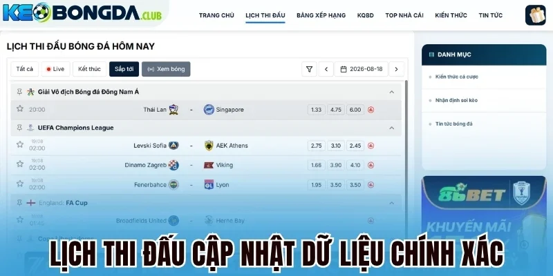 Lịch thi đấu cập nhật dữ liệu chính xác