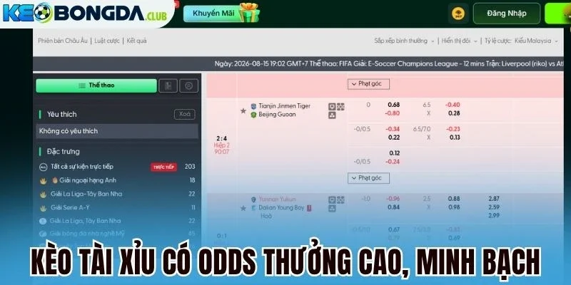 Kèo tài xỉu có odds thưởng cao, minh bạch
