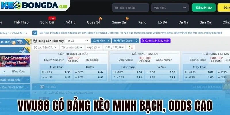 Vivu88 có bảng kèo minh bạch, odds cao